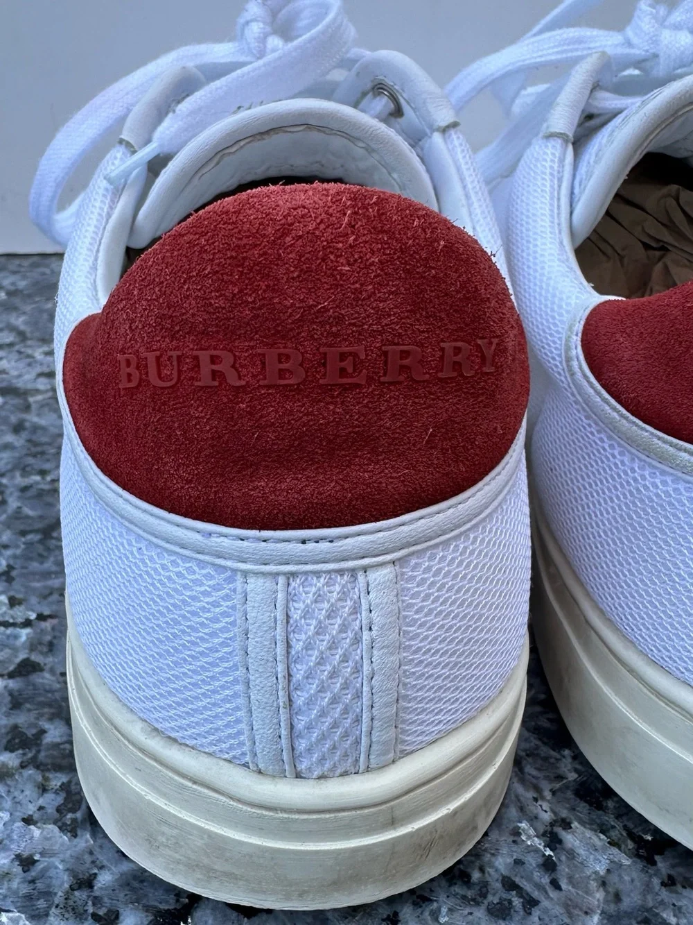 Burberry White Low-Top Men's Sneakers with Red  mesh leather trim men’s SZ 43